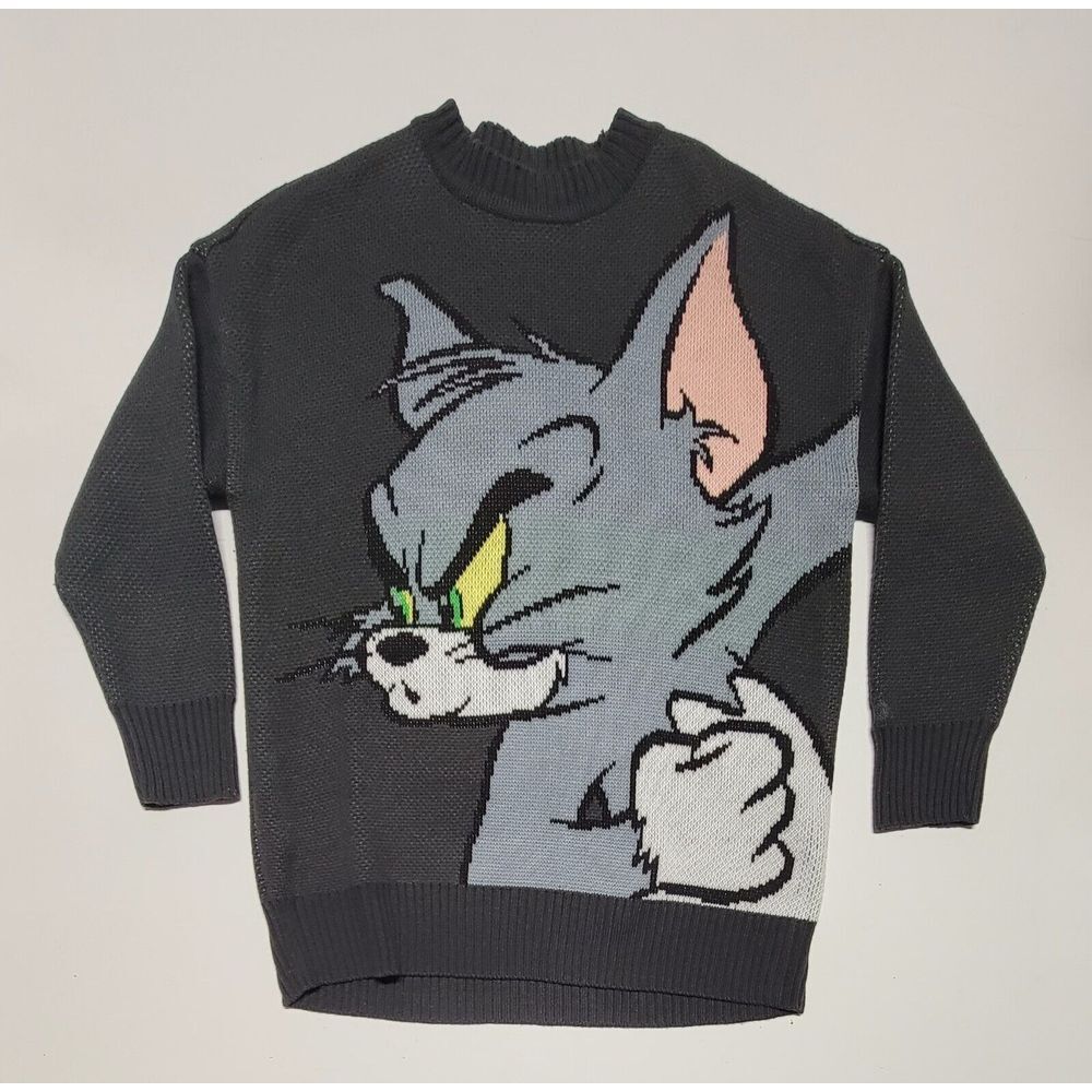 Stereo Vinyl Tom And Jerry Men's Large Knit Sweater Gray Tom Large Graphic Rare‎